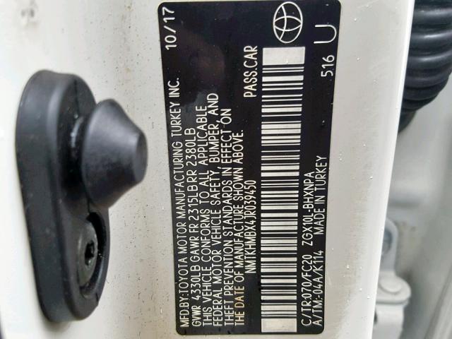 NMTKHMBX4JR039450 - 2018 TOYOTA C-HR XLE WHITE photo 10