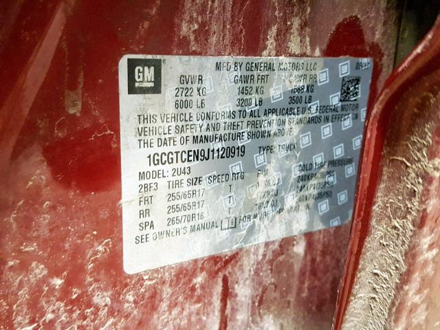 1GCGTCEN9J1120919 - 2018 CHEVROLET COLORADO L MAROON photo 10
