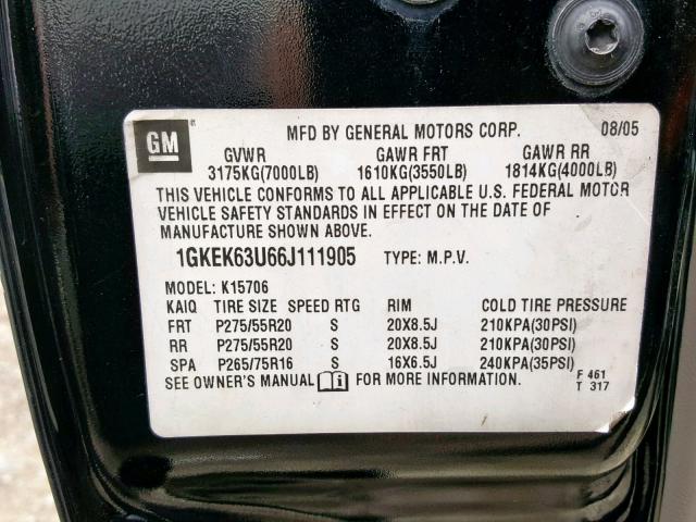 1GKEK63U66J111905 - 2006 GMC YUKON DENA BLACK photo 10