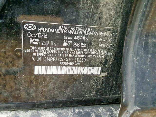 5NPE34AFXHH511530 - 2017 HYUNDAI SONATA SPO BLACK photo 10