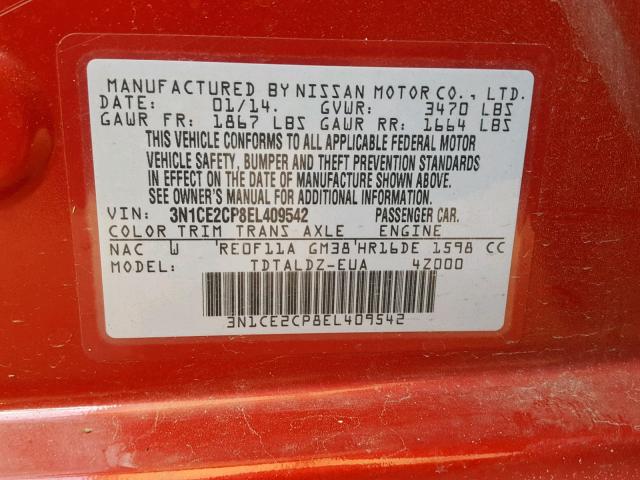 3N1CE2CP8EL409542 - 2014 NISSAN VERSA NOTE RED photo 10