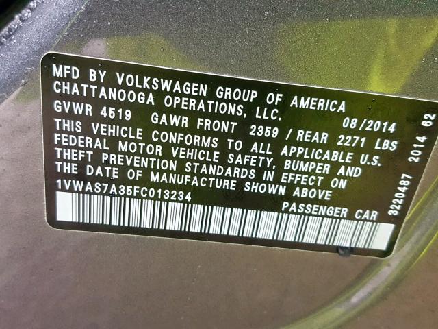 1VWAS7A35FC013234 - 2015 VOLKSWAGEN PASSAT S GRAY photo 10