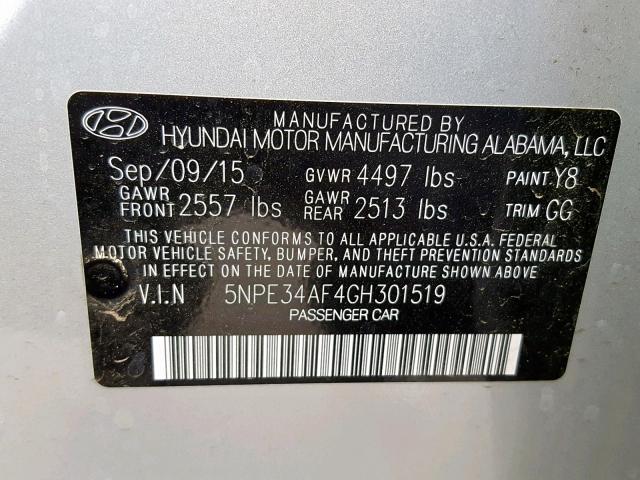 5NPE34AF4GH301519 - 2016 HYUNDAI SONATA SPO SILVER photo 10