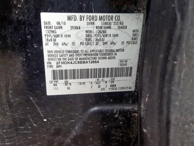 2FMDK4JC8BBA12664 - 2011 FORD EDGE SEL BLACK photo 10