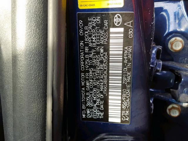 JTKKU4B40AJ053564 - 2010 TOYOTA SCION XD BLUE photo 10