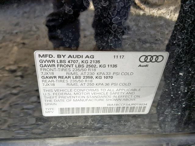 WA1BCCFS4JR018034 - 2018 AUDI Q3 PREMIUM BLACK photo 10