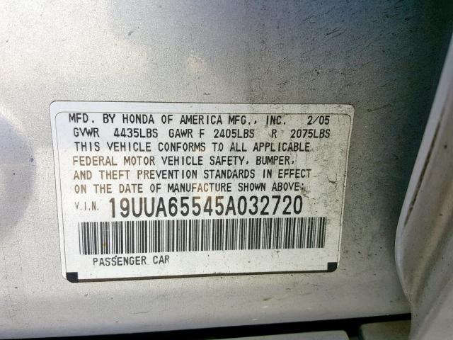 19UUA65545A032720 - 2005 ACURA TL SILVER photo 10