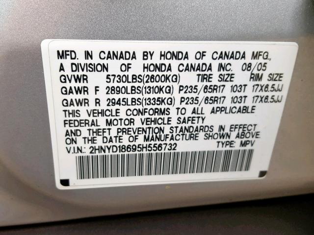 2HNYD18695H556732 - 2005 ACURA MDX TOURIN SILVER photo 10