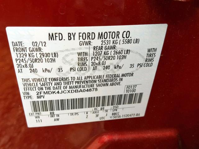 2FMDK4JCXDBA04875 - 2013 FORD EDGE SEL BURGUNDY photo 10