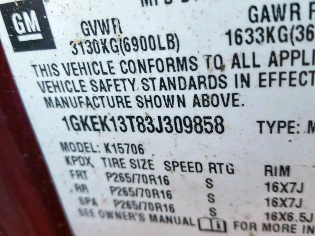 1GKEK13T83J309858 - 2003 GMC YUKON MAROON photo 10