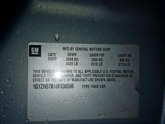 1G1ZH57B18F236596 - 2008 CHEVROLET MALIBU 1LT GRAY photo 10