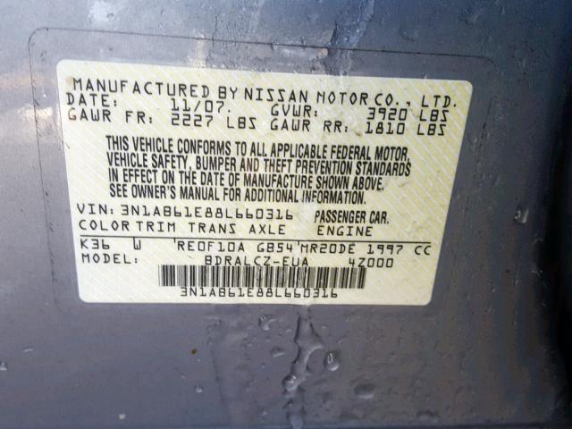 3N1AB61E88L660316 - 2008 NISSAN SENTRA 2.0 GRAY photo 10