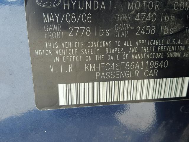 KMHFC46F86A119840 - 2006 HYUNDAI AZERA SE BLUE photo 10