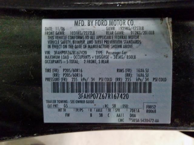 3FAHP07Z67R167420 - 2007 FORD FUSION SE GRAY photo 10