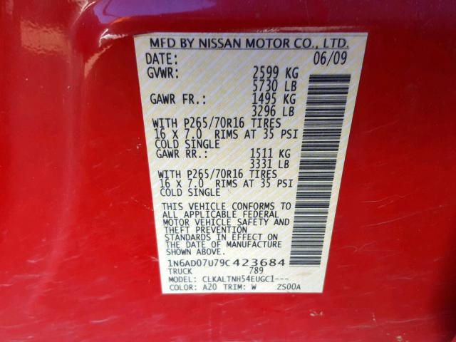 1N6AD07U79C423684 - 2009 NISSAN FRONTIER C RED photo 10