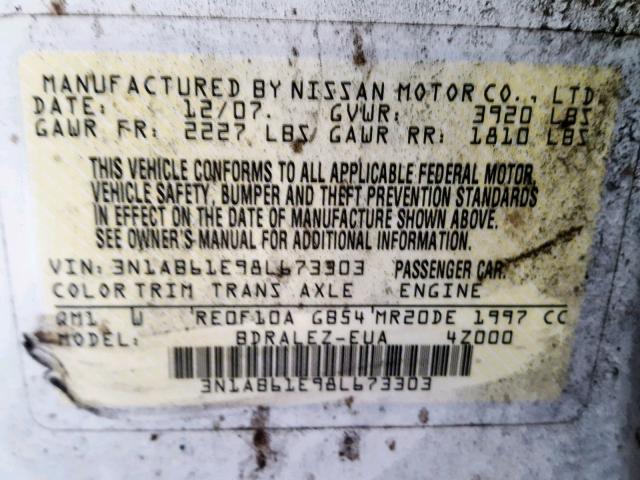 3N1AB61E98L673303 - 2008 NISSAN SENTRA 2.0 WHITE photo 10