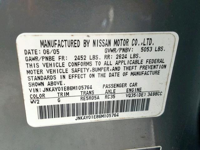 JNKAY01E86M105764 - 2006 INFINITI M35 BASE SILVER photo 10