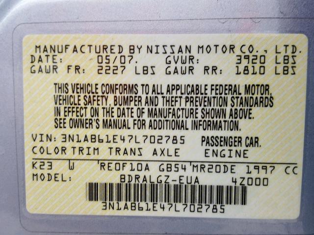 3N1AB61E47L702785 - 2007 NISSAN SENTRA 2.0 SILVER photo 10