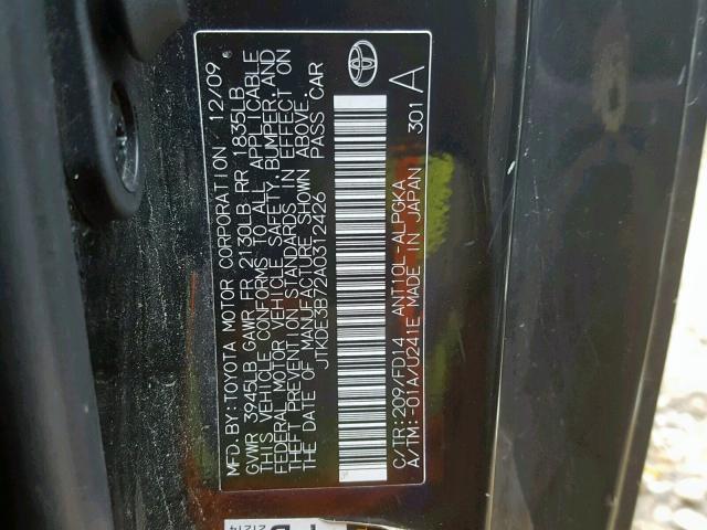 JTKDE3B72A0312426 - 2010 TOYOTA SCION TC შავი ფოტო 10