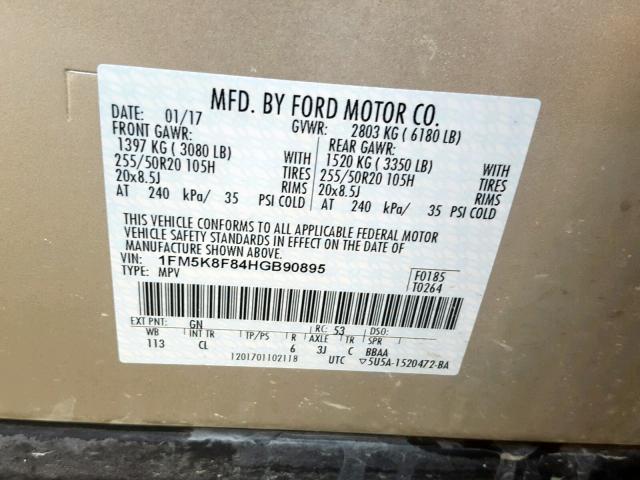 1FM5K8F84HGB90895 - 2017 FORD EXPLORER L BEIGE photo 10