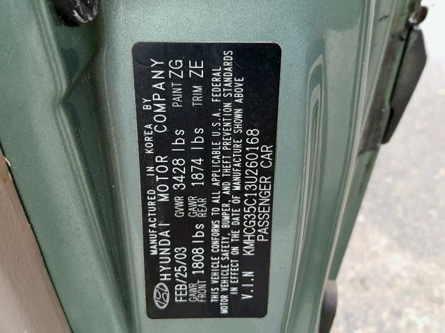 KMHCG35C13U260168 - 2003 HYUNDAI ACCENT GL GREEN photo 10