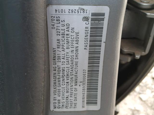 WVWWH63B93E000637 - 2003 VOLKSWAGEN PASSAT GLX GRAY photo 10