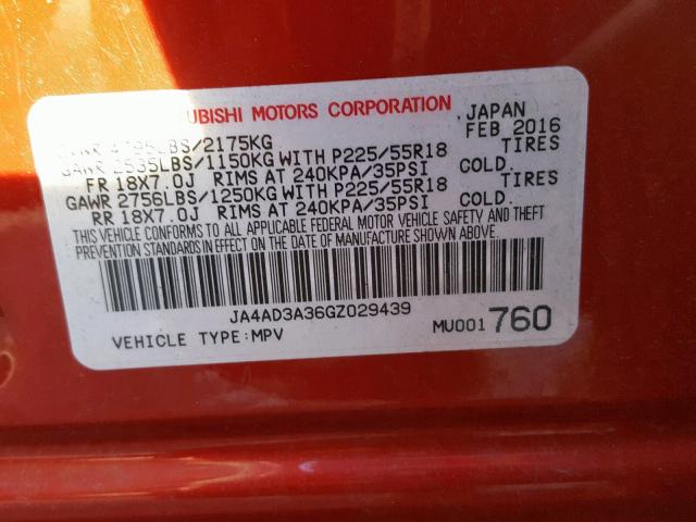 JA4AD3A36GZ029439 - 2016 MITSUBISHI OUTLANDER RED photo 10