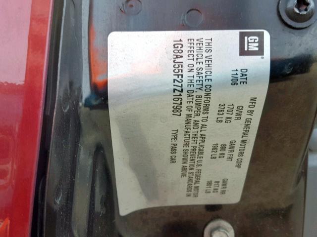 1G8AJ55F27Z167987 - 2007 SATURN ION LEVEL BURGUNDY photo 10