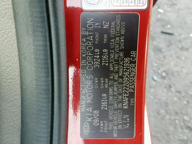 KNAFE222095621936 - 2009 KIA SPECTRA EX RED photo 10