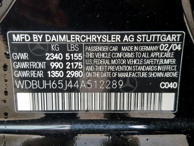 WDBUH65J44A512289 - 2004 MERCEDES-BENZ E 320 BLACK photo 10