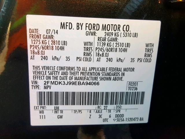 2FMDK3J99EBA94066 - 2014 FORD EDGE SEL BLACK photo 10