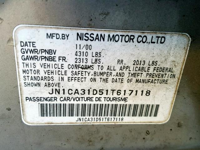 JN1CA31D51T617118 - 2001 NISSAN MAXIMA GXE GRAY photo 10