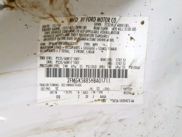 2FMGK5B85HBA01711 - 2017 FORD FLEX SE WHITE photo 10