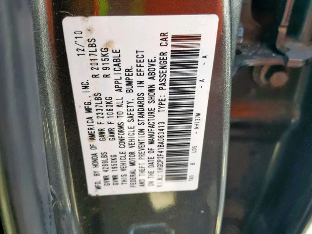 1HGCP2F41BA063413 - 2011 HONDA ACCORD LXP GRAY photo 10