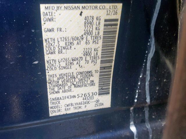 1N6BA1F43HN526530 - 2017 NISSAN TITAN XD S GRAY photo 10