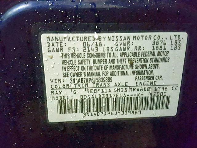 3N1AB7AP6JY339889 - 2018 NISSAN SENTRA S BLUE photo 10