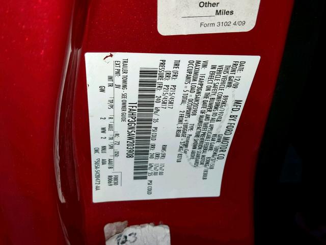 1FAHP3GN5AW203908 - 2010 FORD FOCUS SES RED photo 10