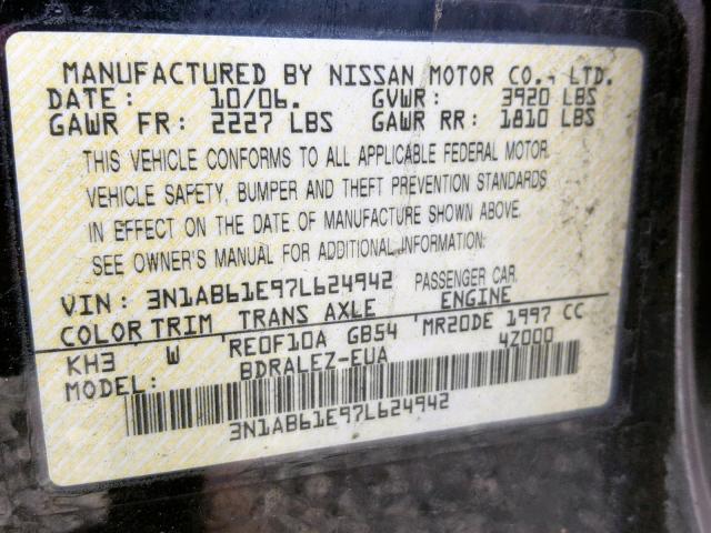 3N1AB61E97L624942 - 2007 NISSAN SENTRA 2.0 BLACK photo 10