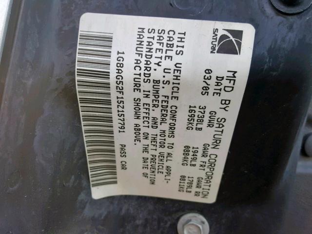 1G8AG52F15Z157791 - 2005 SATURN ION LEVEL SILVER photo 10