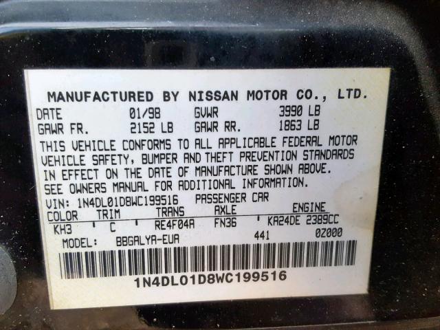 1N4DL01D8WC199516 - 1998 NISSAN ALTIMA XE BLACK photo 10