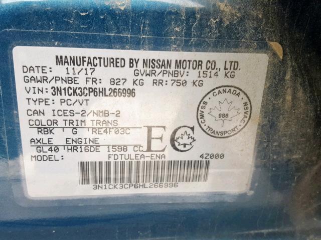 3N1CK3CP6HL266996 - 2017 NISSAN MICRA BLUE photo 10