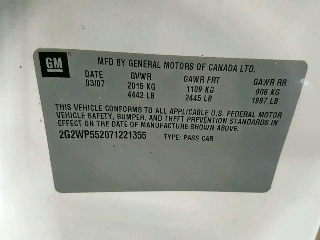 2G2WP552071221355 - 2007 PONTIAC GRAND PRIX თეთრი ფოტო 10