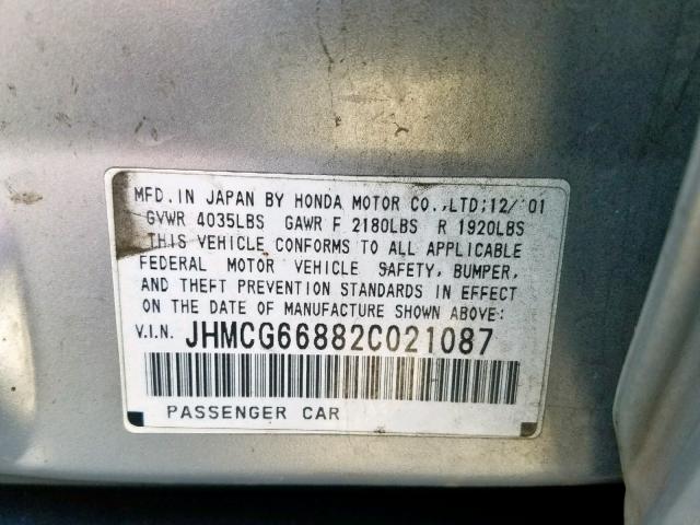 JHMCG66882C021087 - 2002 HONDA ACCORD EX SILVER photo 10