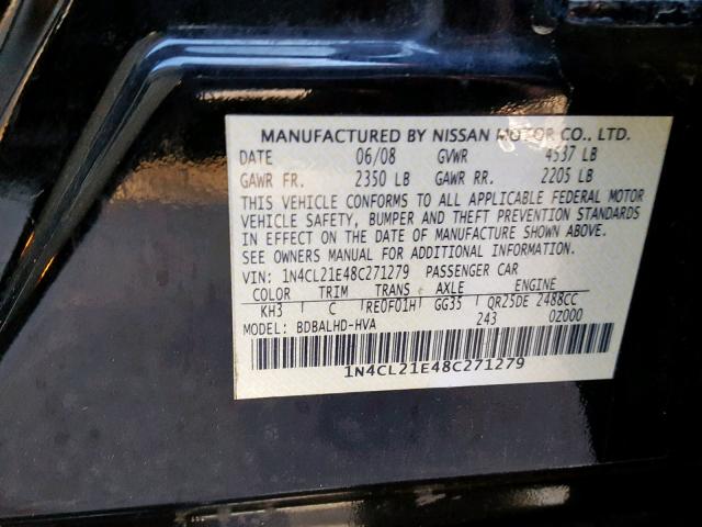 1N4CL21E48C271279 - 2008 NISSAN ALTIMA HYB BLACK photo 10