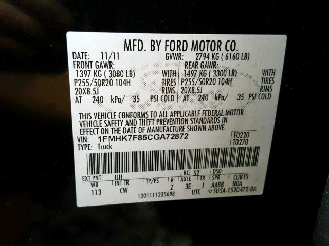 1FMHK7F85CGA72872 - 2012 FORD EXPLORER L BLACK photo 10