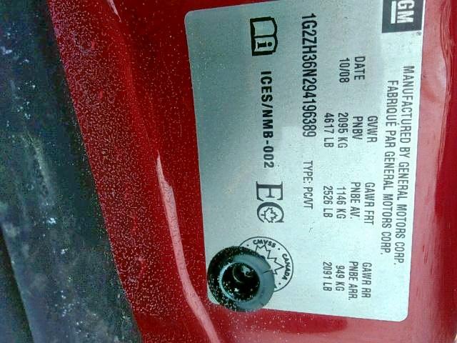 1G2ZH36N294196389 - 2009 PONTIAC G6 GT RED photo 9