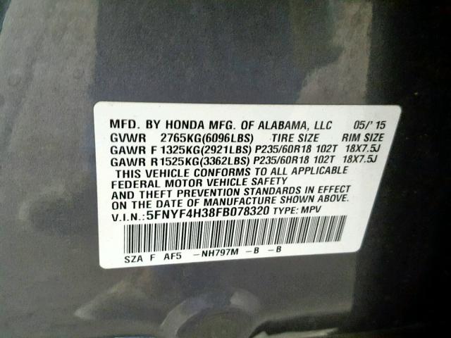 5FNYF4H38FB078320 - 2015 HONDA PILOT SE CHARCOAL photo 10