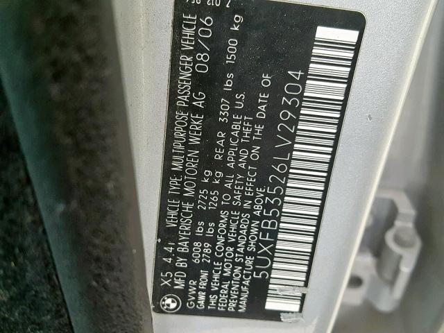 5UXFB53526LV29304 - 2006 BMW X5 4.4I SILVER photo 10