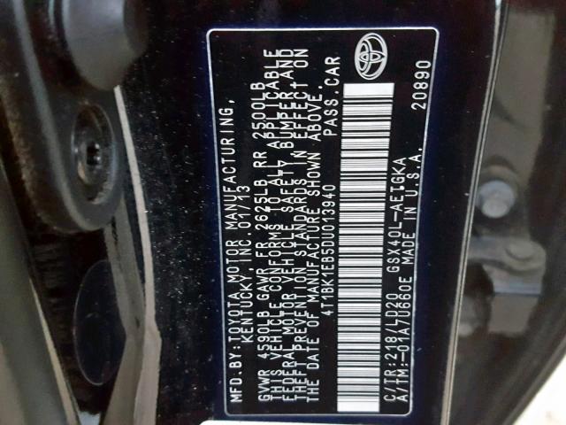 4T1BK1EB5DU013940 - 2013 TOYOTA AVALON BAS Noir photo 10