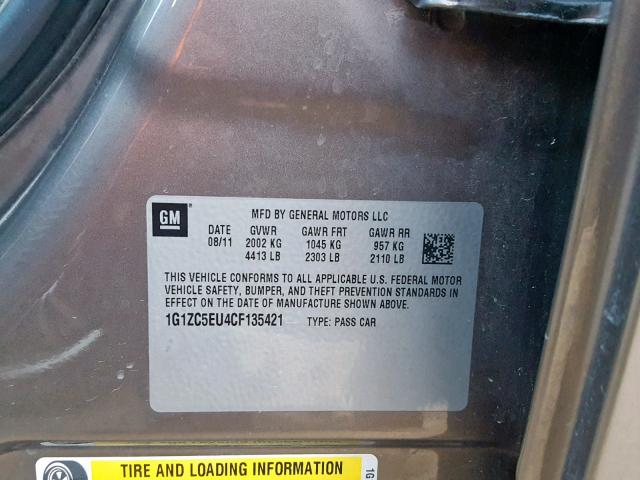 1G1ZC5EU4CF135421 - 2012 CHEVROLET MALIBU 1LT 棕色 照片 10